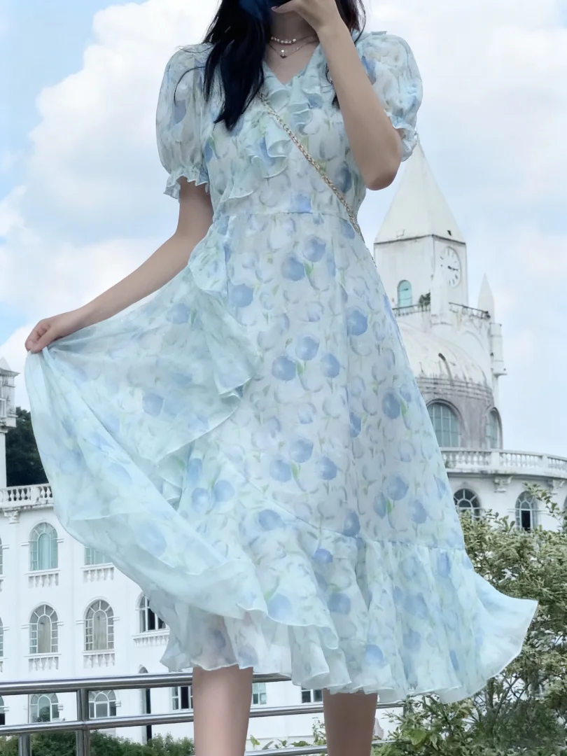 NUOMICI Primavera Verano vestido de mujer falda de cola de pez Floral dulce lindo Puff manga vestido largo pradera Chic turismo Camping trajes