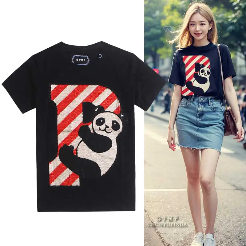 

Chun yu yin jia Designer brand rhinestones Panda Pattern Short-Sleeved tshirt Black White for luxury women slim tee