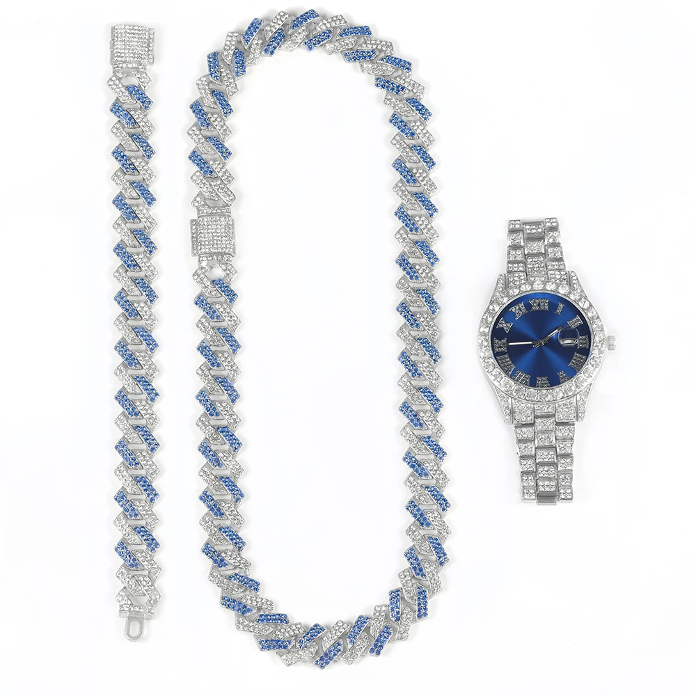 3pcs Hip-hop Watch Jewelry Set Iced Out Punk Blue&Silver Cuban Chain+Bracelet Inlay Diamond Watch For Men Women Trend Party Gift