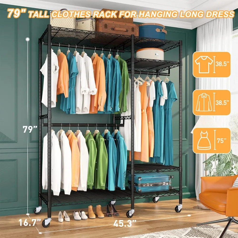 Heavy Duty Rolling Clothes Rack com rodas, Roupas Racks para pendurar roupas, Ajustável