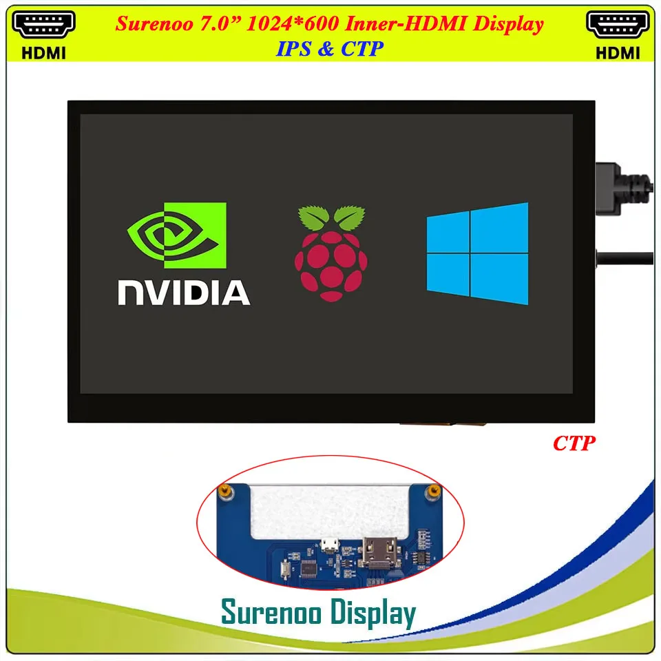 7,0 "7 pulgadas 1024*600 interior Compatible con HDMI IPS LCD módulo Monitor pantalla USB Panel táctil capacitivo para RaspBerry Pi