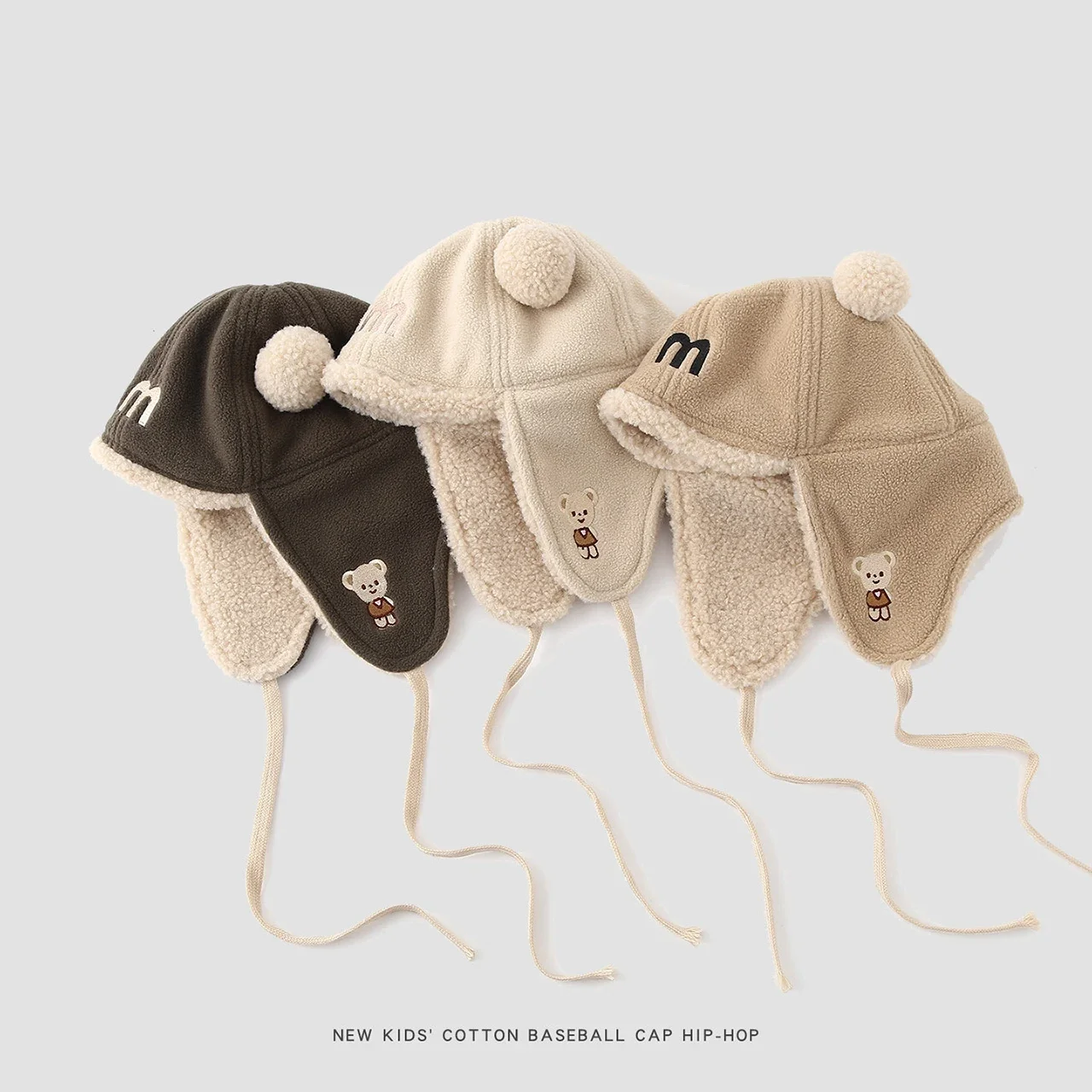 

Cute Pompom Baby Earmuff Hat Winter Ear Protection Plush Cap for Kids Boy Girl Solid Color Warm Lamb Fleece Hats