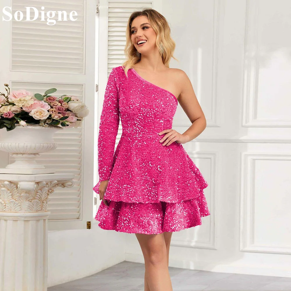 

SoDigne One Shoulder Glitter Short Homecoming Dresses for Women Tiered Sparkly Sequin Sexy Mini Dress 2024 Cocktail Party Gowns