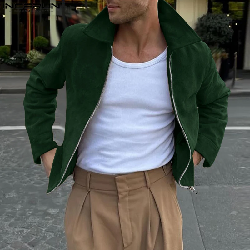 

INCERUN Men Jackets Solid Color Lapel Long Sleeve Zipper Casual Men Coats Streetwear 2025 Loose Fashion Leisure Male Jackets