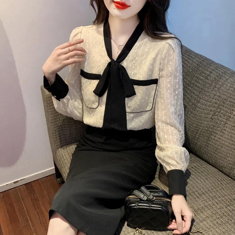 

Blusas Mujer De Moda Chiffon Korean Blouses for Women Temperament Ladies Tops Puff Sleeve Bandage Bow Loose Vintage Shirts