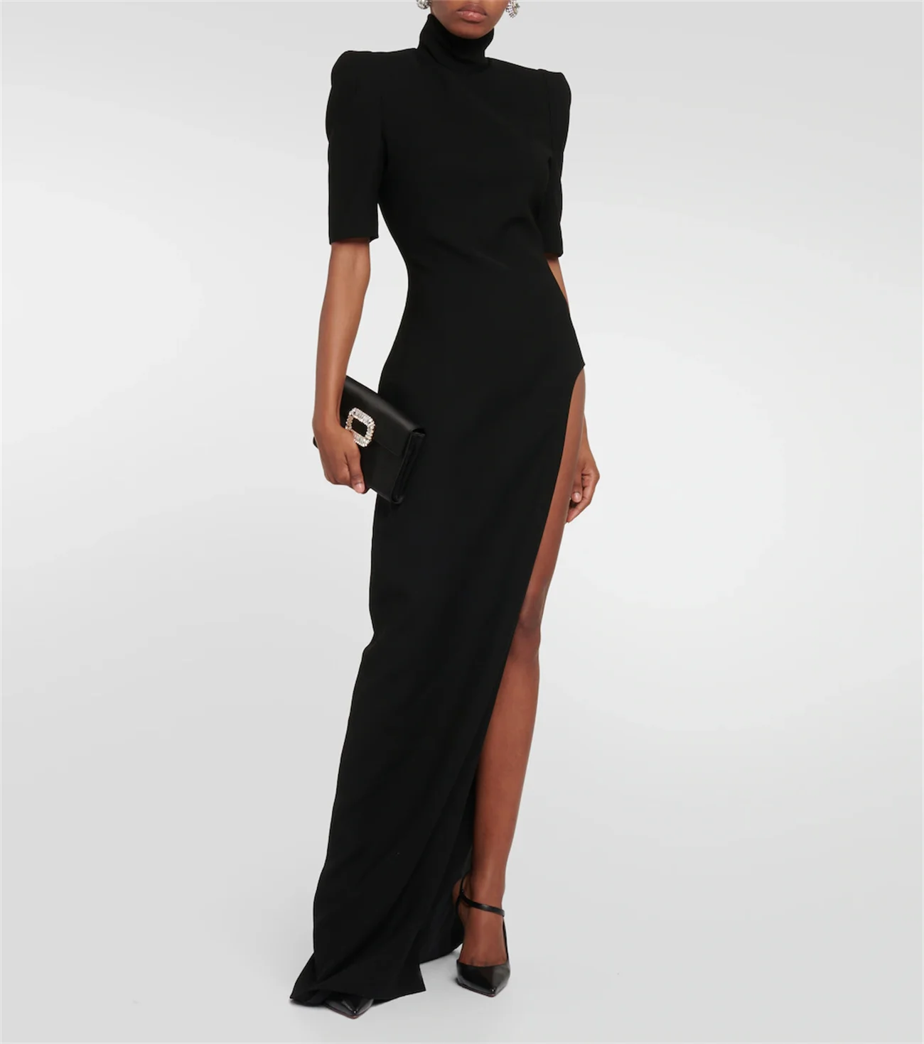 Vestido De Noiva De Pescoço Alto Simples, Meia Manga, Fenda Alta, Apertado, Elegante, Vermelho, Preto, Pode Ser Personalizado
