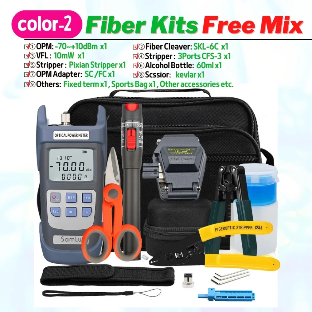 19pcs/set FTTH Fiber Optic Tool Kit with AUA-6S Fiber Cleaver -70~+10dBm Optical Power Meter 10mw VFL Komshine Cleaver FC-6S