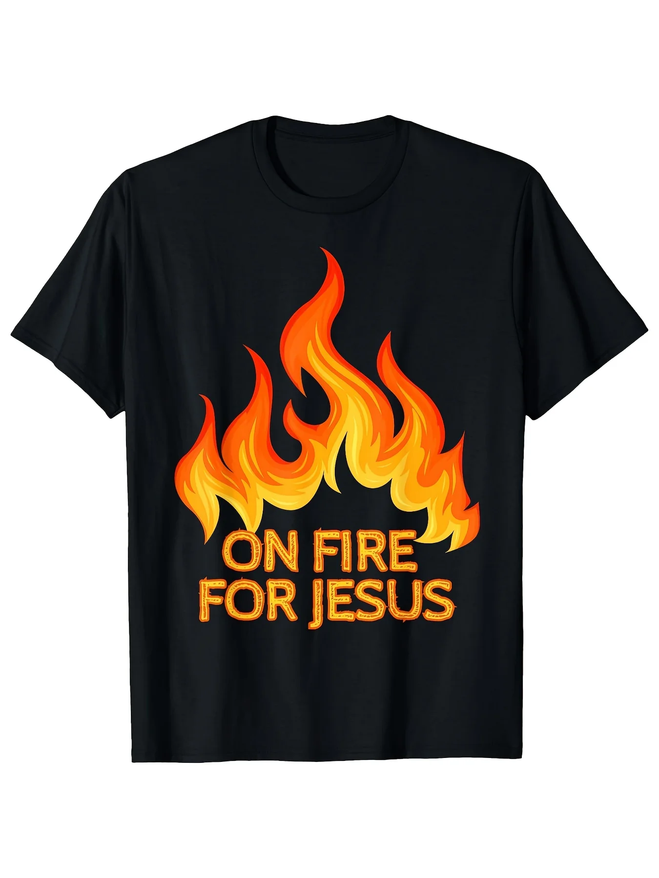 Men's On Fire for Jesus Christian T-Shirt - Black 100% Cotton Short Sleeve Crew Neck Tee with Flame & Cross Print, Fiery Religious Design for Church, Study, Casual Wear - Faith-Based Gift Apparel