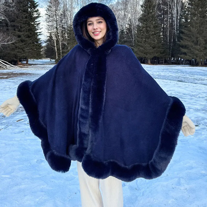 Fashion Elegant Faux Fur Trims Knit Cape Hooded Long Big Outerwear Wraps Women Autumn Winter Party Travel Cloak Poncho