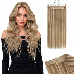 Ugeat-Fish Line extensões de cabelo, cabelo humano, loiro natural, fio invisível, 2 peças clipe, novo