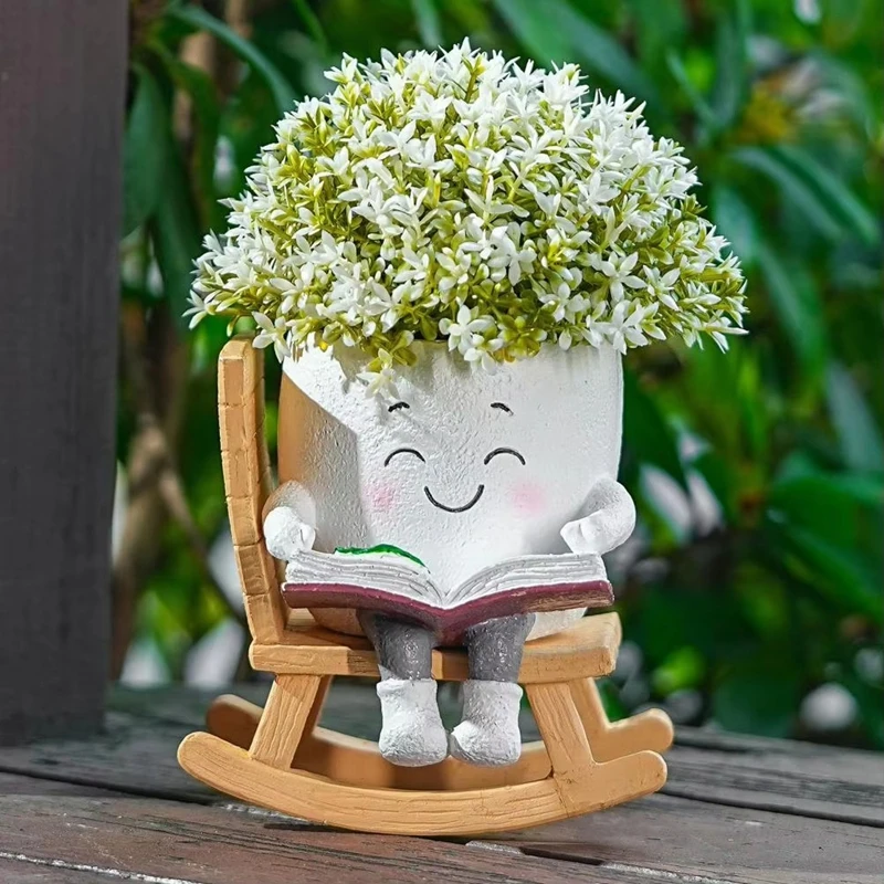 Creative Rocking Chair/swing Face Planter Pot Cute Resin Head Planter Flower Pot With Drainage Hole Home Garden Flower Container