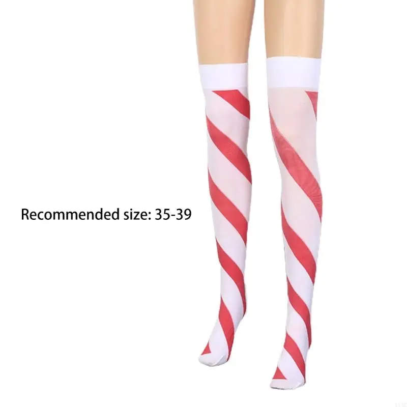 Y1AC Women Christmas Holiday Thigh High Long Socks Bowknot Striped Stockings