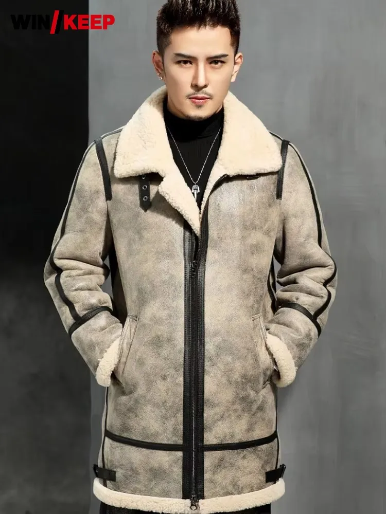 Original Natural Shearling Coat Men Winter Long Warm Real Fur Wool Lining Overcoat Military Style Thick Genuine Leather Jacket