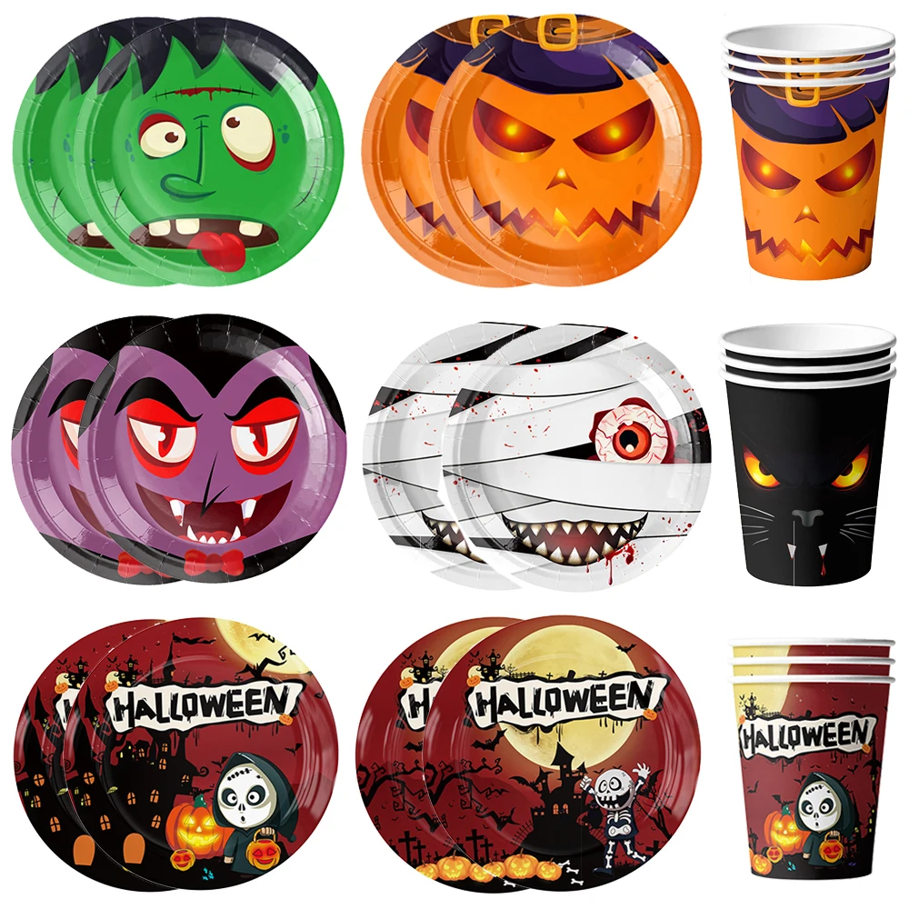 Halloween Pappteller Kürbis Zombie Geist Monster Fledermaus Einwegteller Tassen Halloween Abendessen Geschirr Dekoration Lieferungen