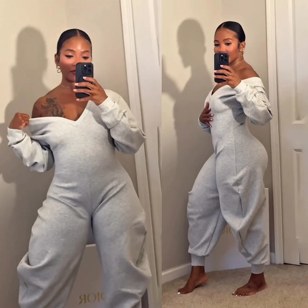 

2025 Fall New Women Jumpsuit V-Neck Sexy Long Sleeve Sweatshirts Jumpsuits Casual Night Club Party One Piece Rompers Streetwear