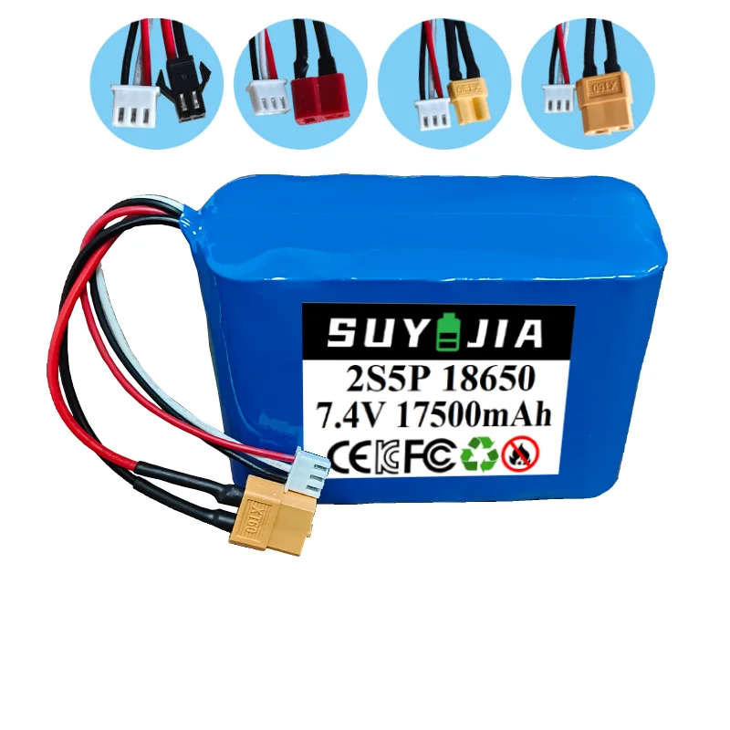 7.4V 17.5Ah 18650 2S5P Rechargeable Lithium Ion Battery Pack  Plug Can Be Customized 3P XT60 for Various RC Airplane Quadrotor