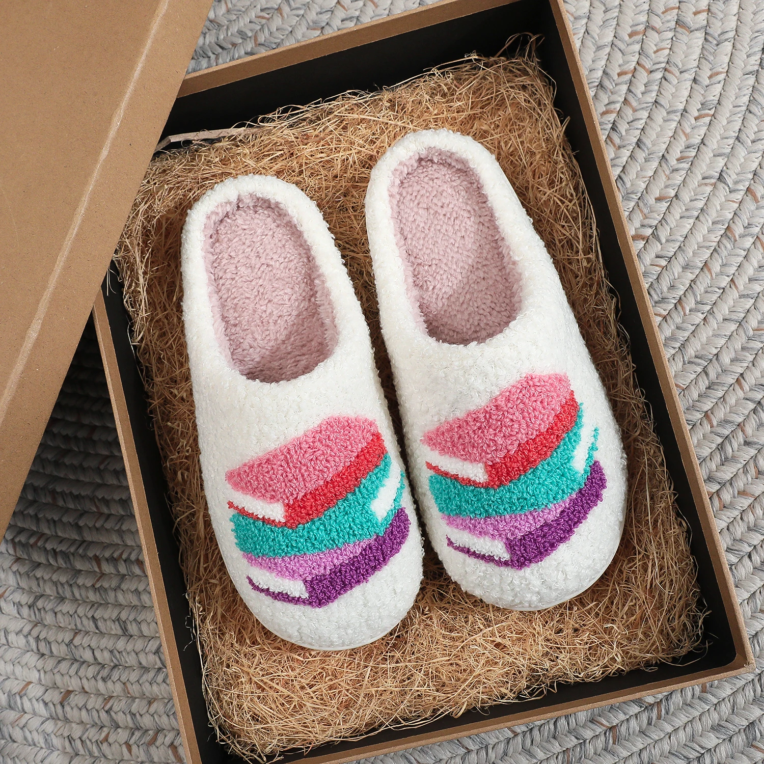 Farmer Ranch Horse Pattern Embroidered Plush Home Thick-Soled Comfortable Furry Slippers Cute Warm Non-Slip Indoor Slippers Spiral Horse Gifts for Parents and Horses Can Be Worn by Men and Women