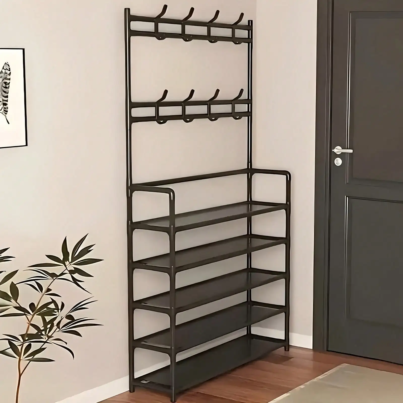 

5-Tier All-Metal Shoe & Coat Rack With Integrated Hanging Hooks - Space-Saving Multi-Level Entryway Organizer,Sturdy Durable