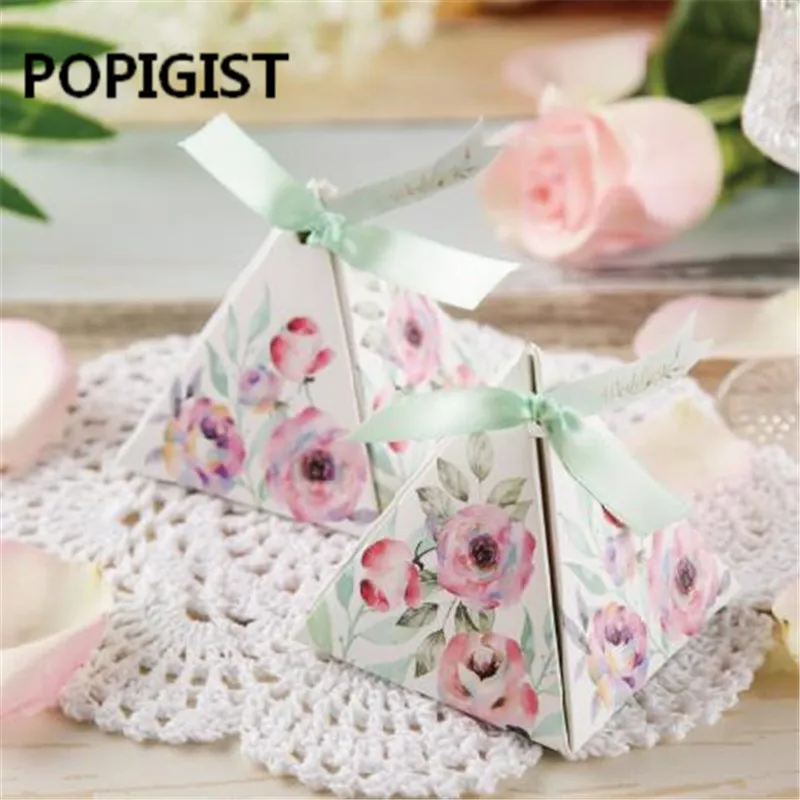 Promotional Exquisite Triangular sweet Camellia rose Flower Wedding Favors Candy Boxes Chocolate Gifts Box packaging box