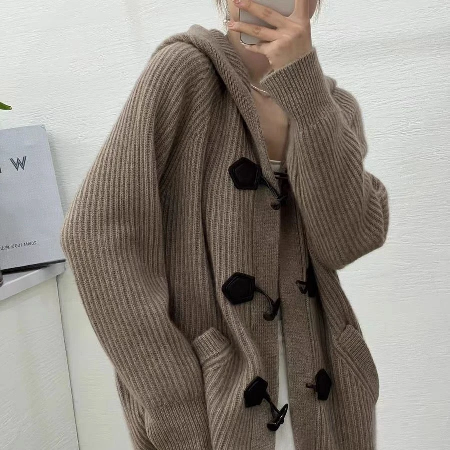 2023 Autumn Winter V-neck cardigan hooded sweater loose wool sweater outerwear solid color top  women's clothing