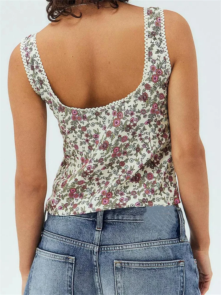 CHlearSTYLE-Camisole en dentelle à imprimé floral pour femme, col en Y en fibre de V, court devant, patchwork, rétro, été, 2024