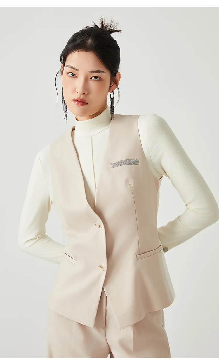 K2548W Damen Ärmellose Weste aus Wollmischung mit V-Ausschnitt und Knopfleiste, tailliert, für Büro, als Layering-Oberteil – Detail 8