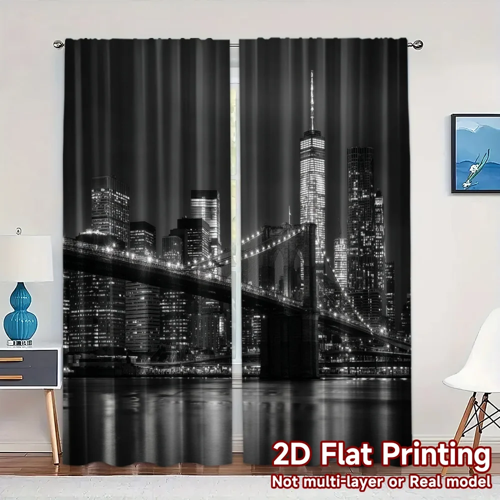 2pcs, 2D FLAT PRINTING Curtains (Without Rod) Cityscape Eleg