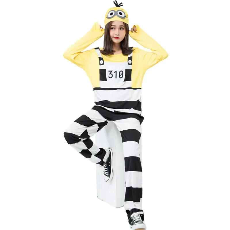 Adult Women Men Fake Two Pieces Yellow Black White Stripe Anime Cartoon Jumpsuit Halloween Cosplay Costumes Outfit