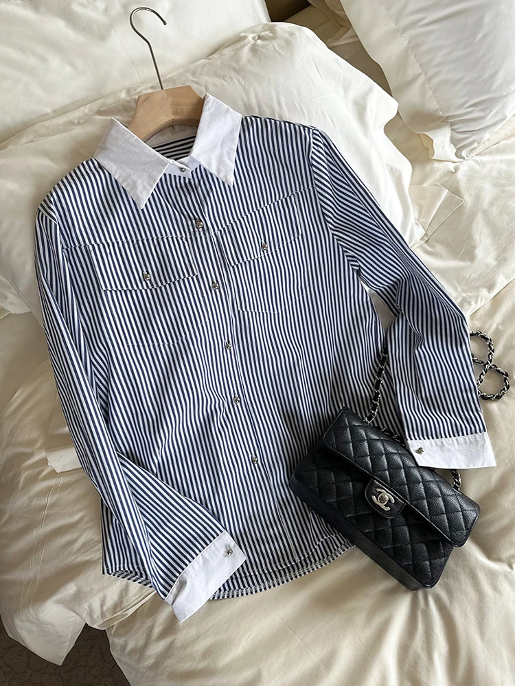 

Рубашка с цветными блоками, женская корейская полосатая рубашка с длинным рукавом, корейская версия, повседневная модная универсальная повседневная одежда