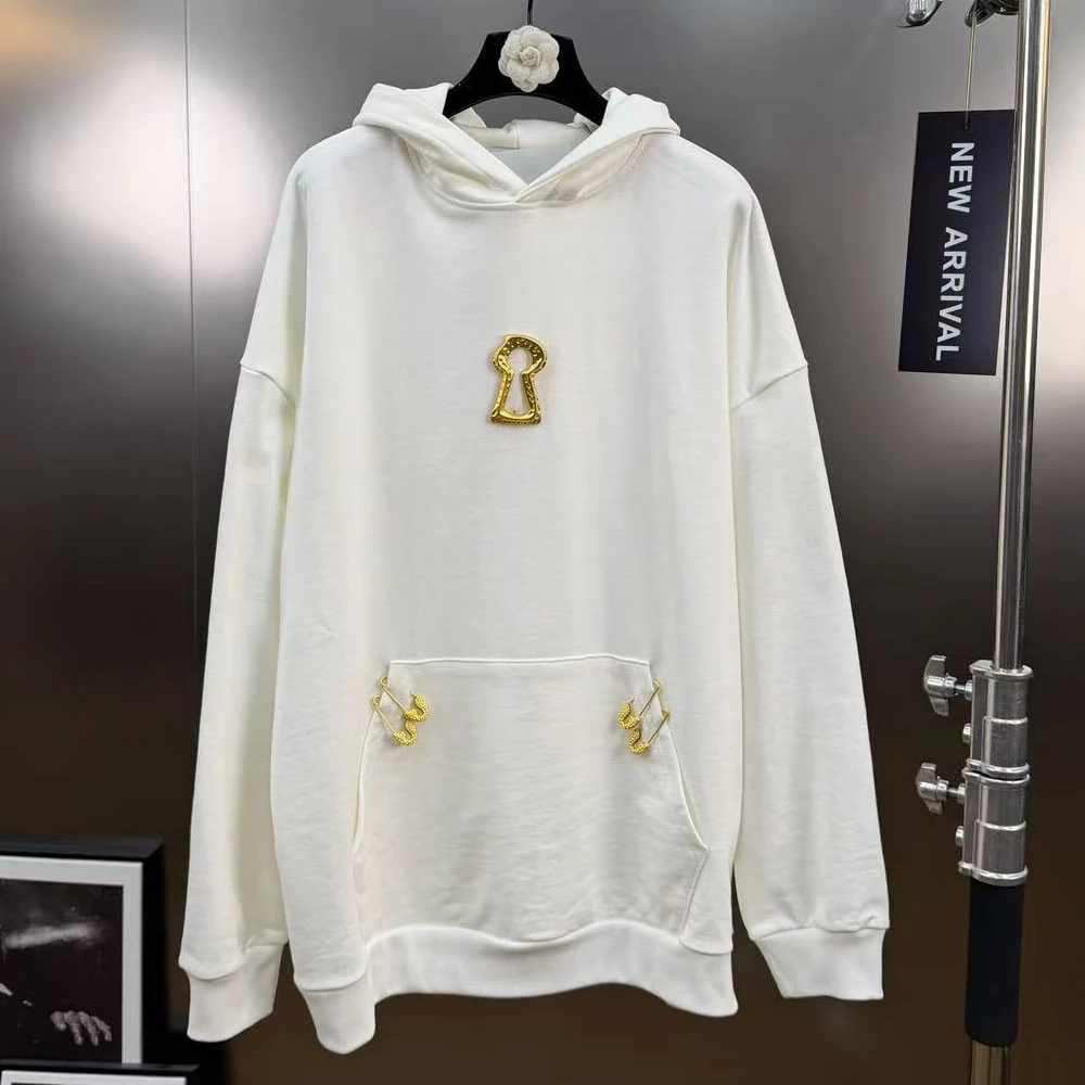

High Street Hooded Sweatshirts Women's Spring Keychain Clip Decoration Hooded Long Sleeved Casual Loose Hoodies Sweatshirt