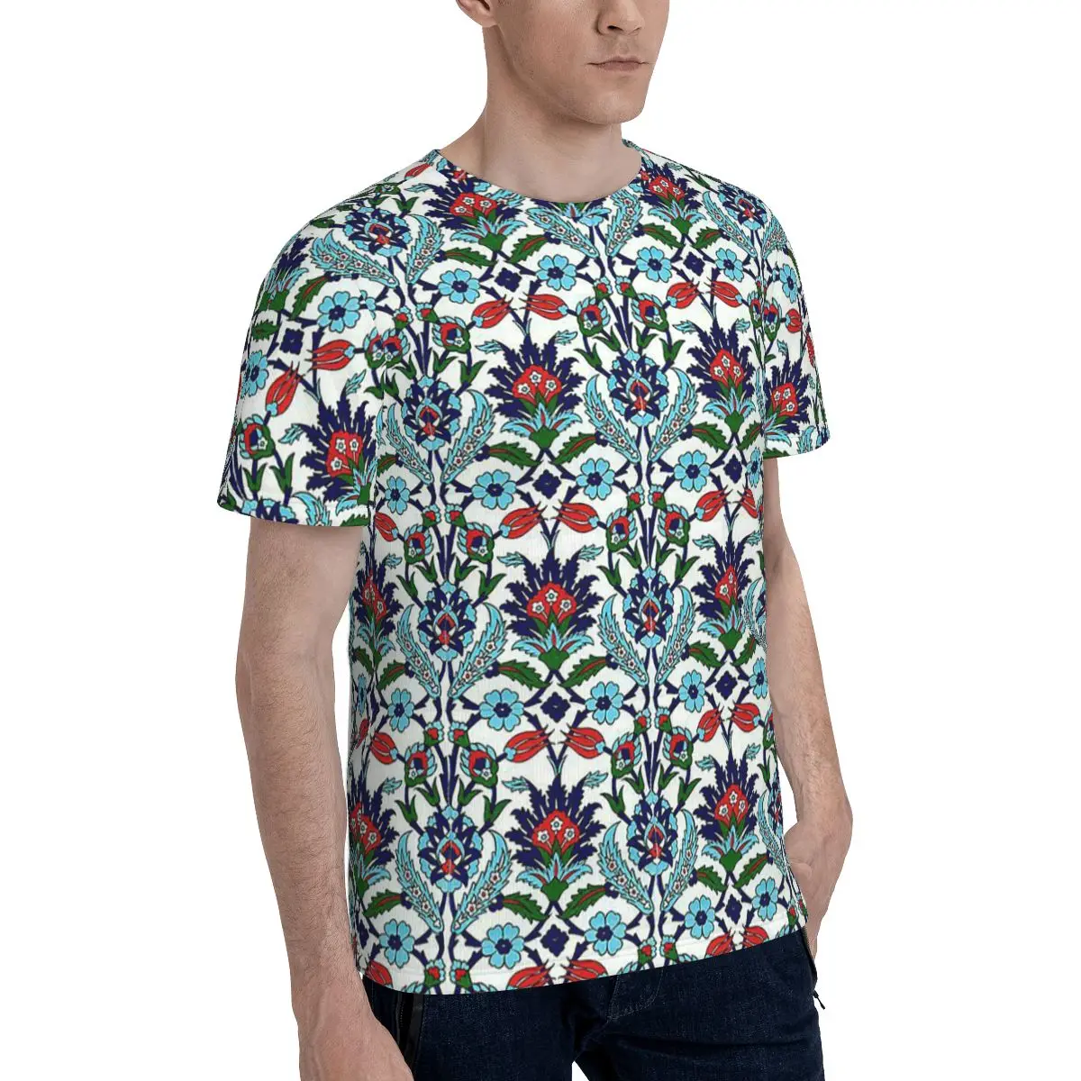 Turkish Iznik Floral T-Shirt for Men Cotton T Shirts Men's Short Sleeve Crew Neck Summer Clothes Tops
