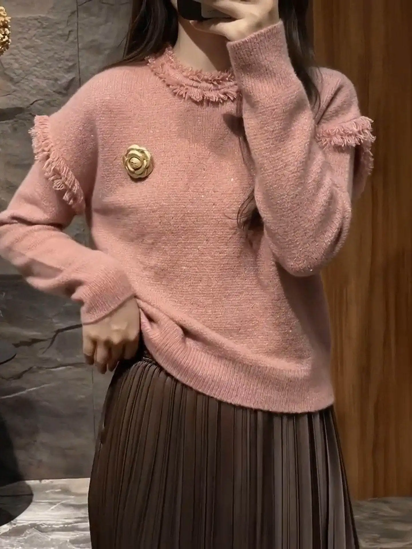 

Chic round Ne Long Sve Women's Base Layer irt Set Korean Sle Tassel Detail Faionable Spring Outfit High Waist Pants