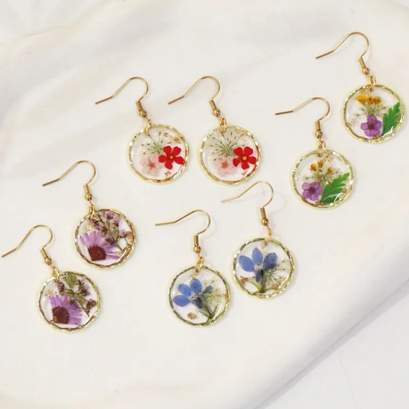 

Elegant Pressed Flower Earrings Transparent Resin Colorful Dried Flower Earrings Handmaking Natural Plant Floral Round Earring
