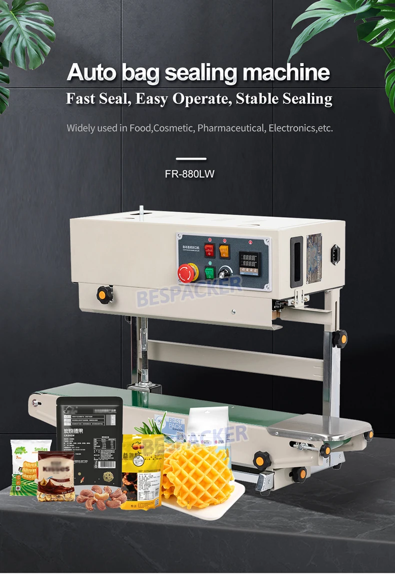 FR-880LW Commercial Vertical Continuous Coding Heat Sealer Water Liquid Rice Powder Granules Plastic Bag Sealing Machine