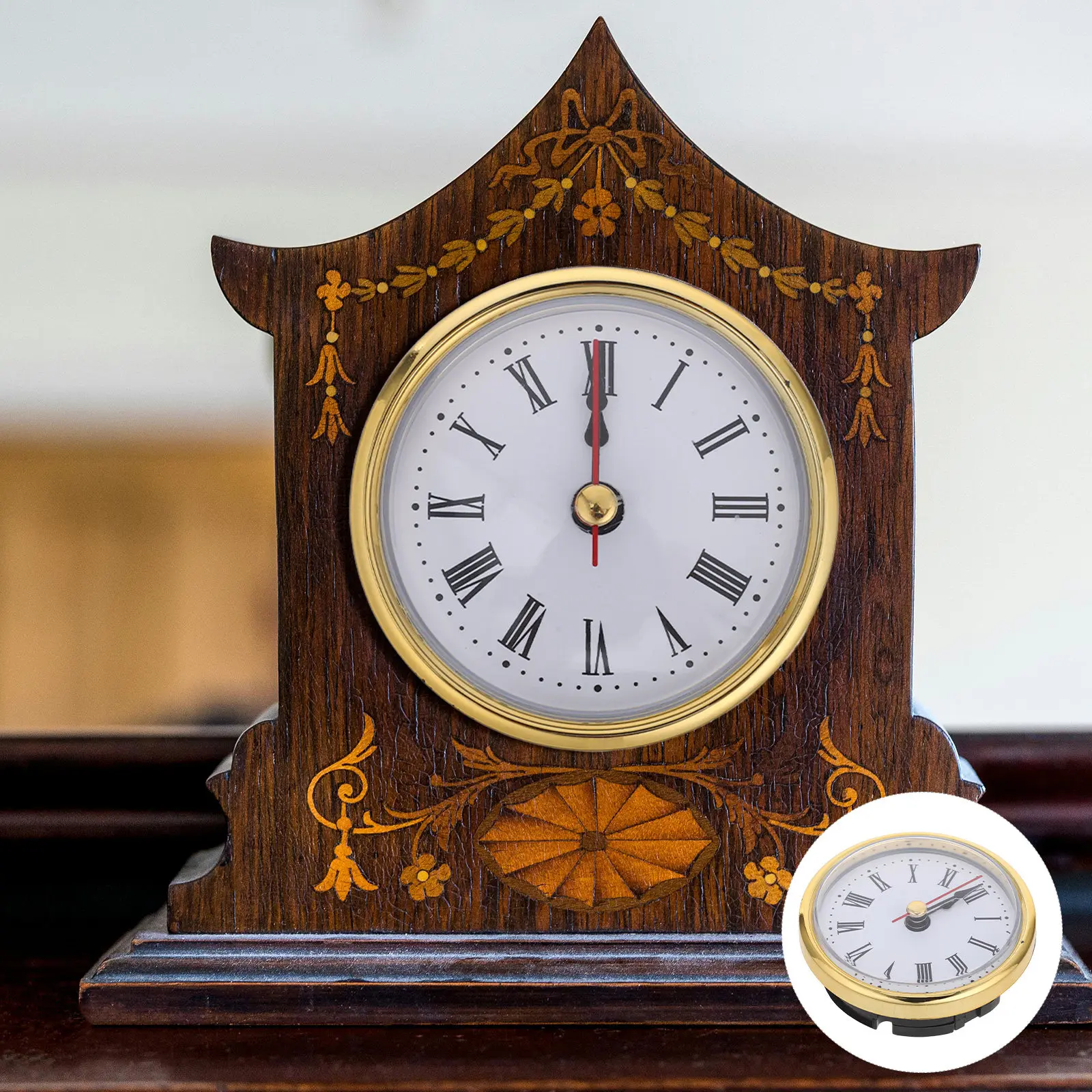 1Set Robust Iron Clock Mechanism Gold Rim Roman Dial Quartz Movement Round Insert for DIY Home Decor Clock Replacement Parts
