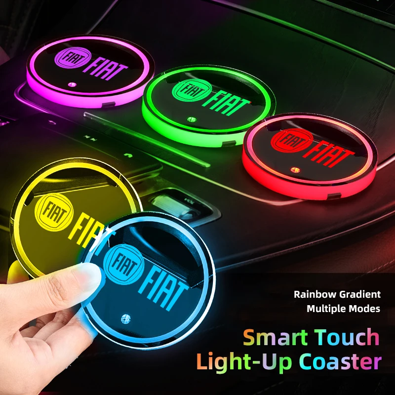 Leuchtende Auto-Untersetzer mit LED-Licht, Getränkeuntersetzer für Fiat 500 Abarth Punto Panda Stilo Freemont, USB-Ladeuntersetzer mit Schlüsselanhänger