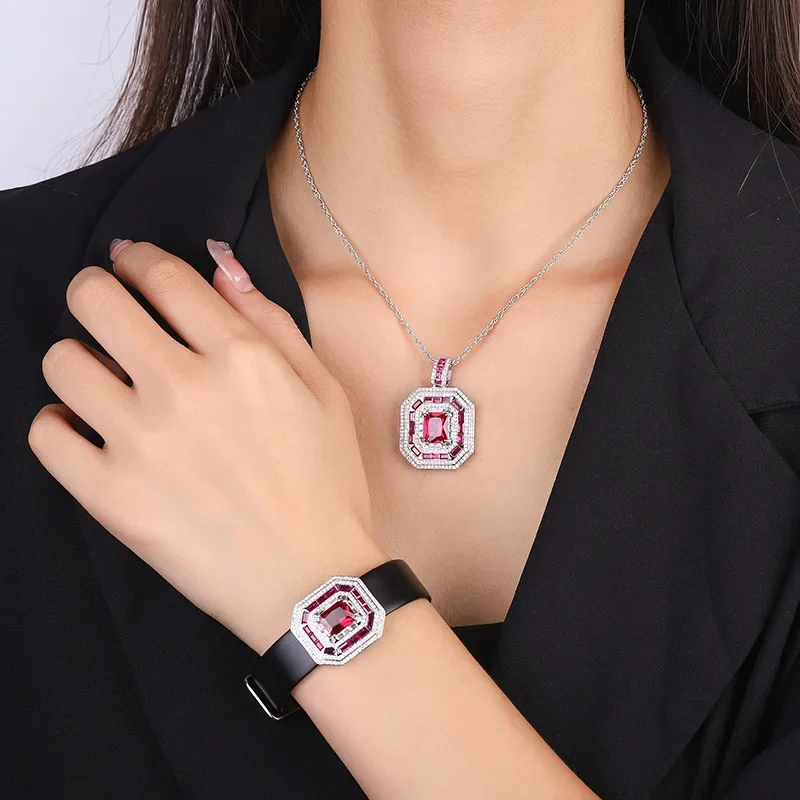 

Rectangle 8*10mm Lab Blue Sapphire Gem Red Ruby Diamond Rings or Charm Leather Bracelet Copper Jewelry Sets For Women