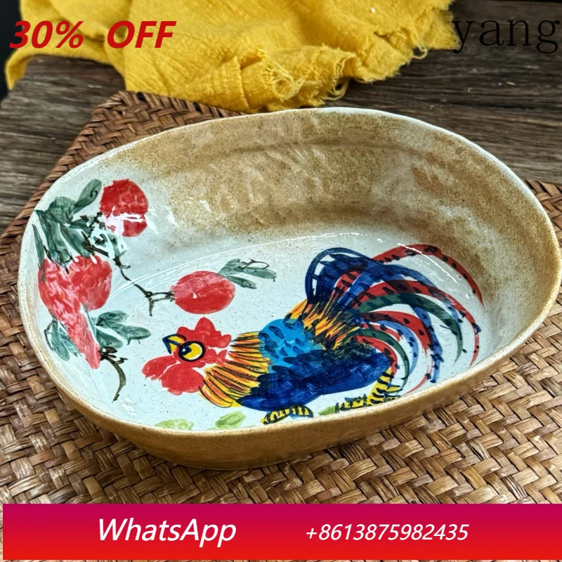 

Yjq Jingdezhen handmade coarse pottery collection and kneading irregular rectangular deep plate ceramic tableware
