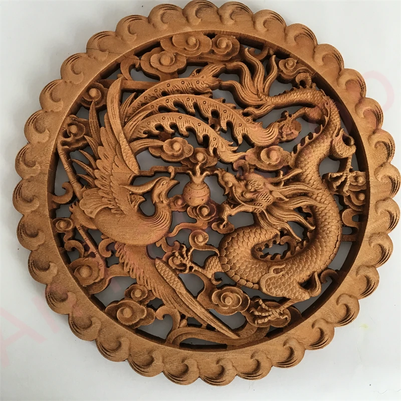 26.8cm/38cm/48cm Longfeng Chengxiang Cinnamomum Wood Vintage Wood Carved Ornament，Exquisite home furnishing，Auspicious ornaments