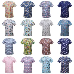 Cartoon Print Women Men's Scrubs Top Work Uniform Surgical Dentist Enfermeria Hospital Clinic Pharmacy Nursing Work wear Blouse