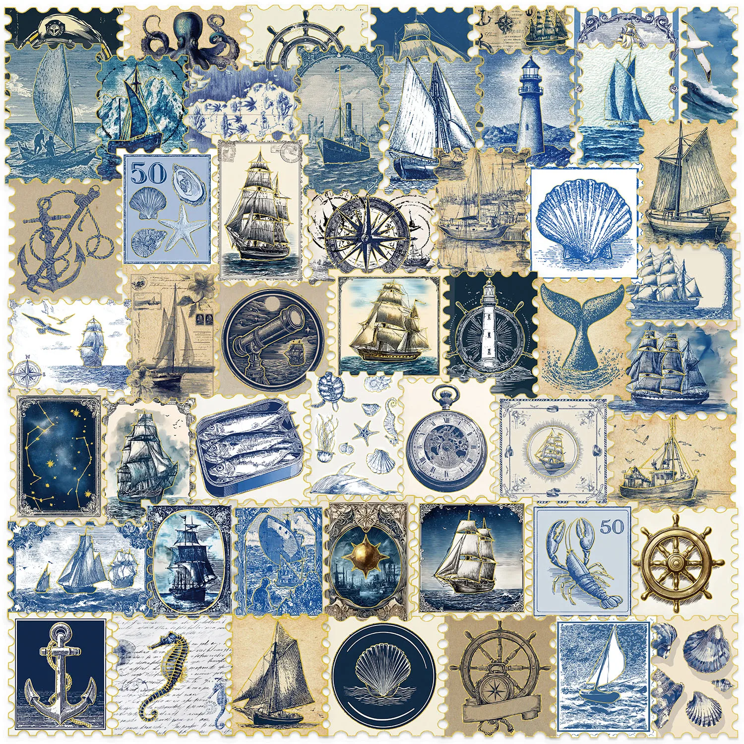 50/100PCS Retro Blue Nautical Stamps Stickers Golden Foil Aesthetic Decals PET Sticker for Suitcase Phone Notebook