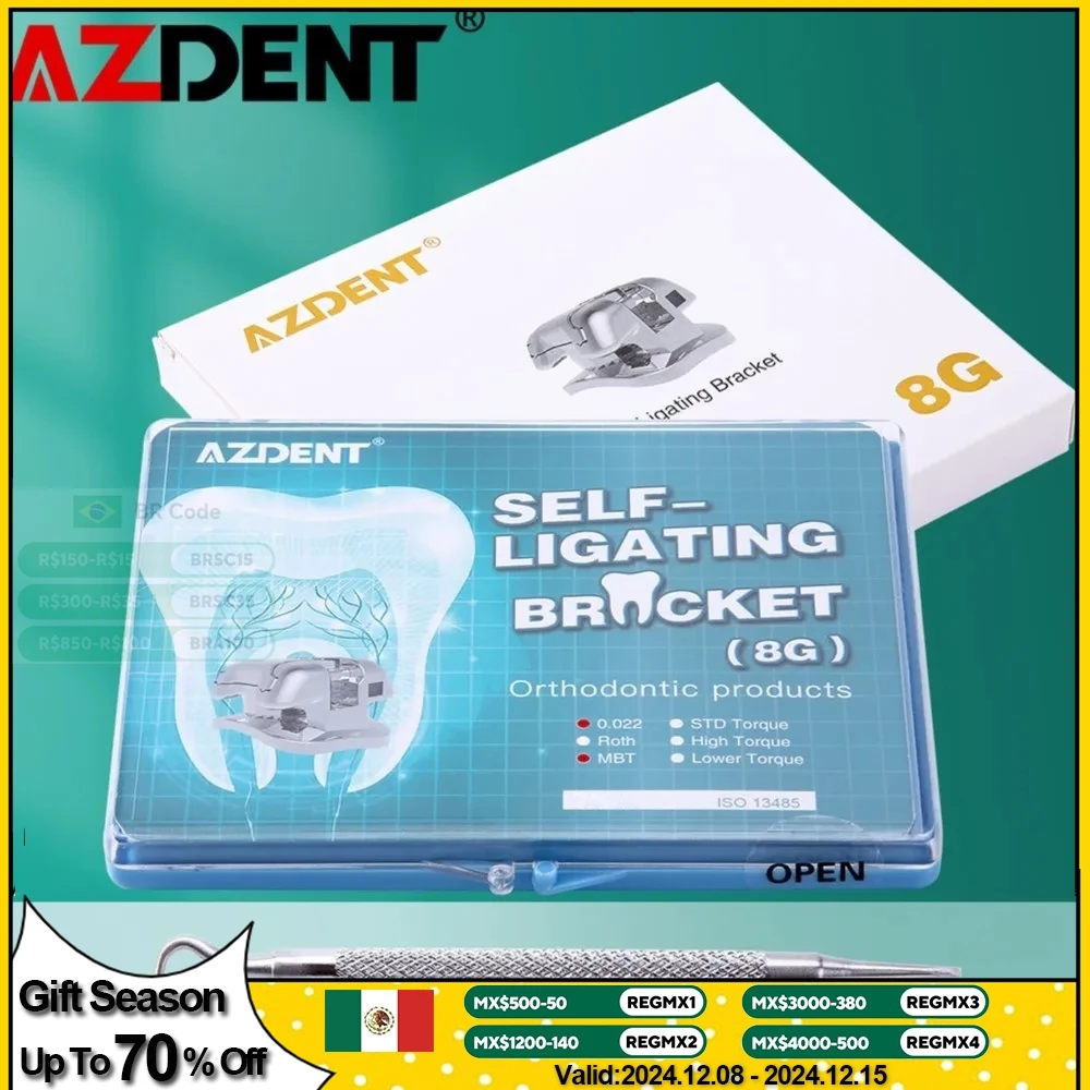 AZDENT Metal Dental Orthodontics Self-Ligating Brackets Movable Hook Auxiliary Hole With Buccal Tube Roth.022/MBT.022/STD.022