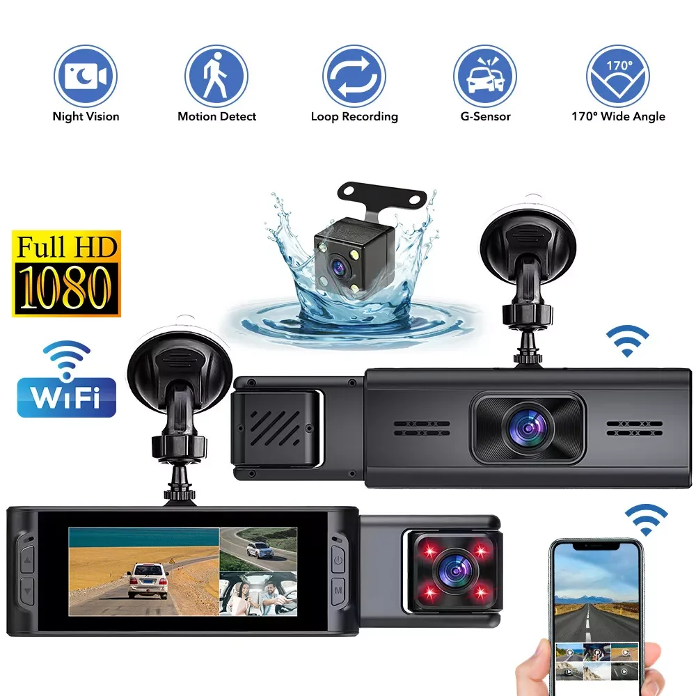 

3-дюймовая HD 3-камера 1080P Автомобильный видеорегистратор с Wi-Fi спереди и сзади внутри видеорегистратора Видеорегистратор Ночное видение Запись цикла