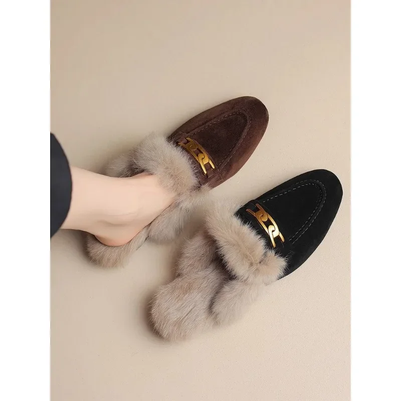 Female Shoes Winter Woman Slipper Luxury Slides Rivet Mules Sexy Loafers Low Cover Toe 2024 Designer Flat Metal Decorat