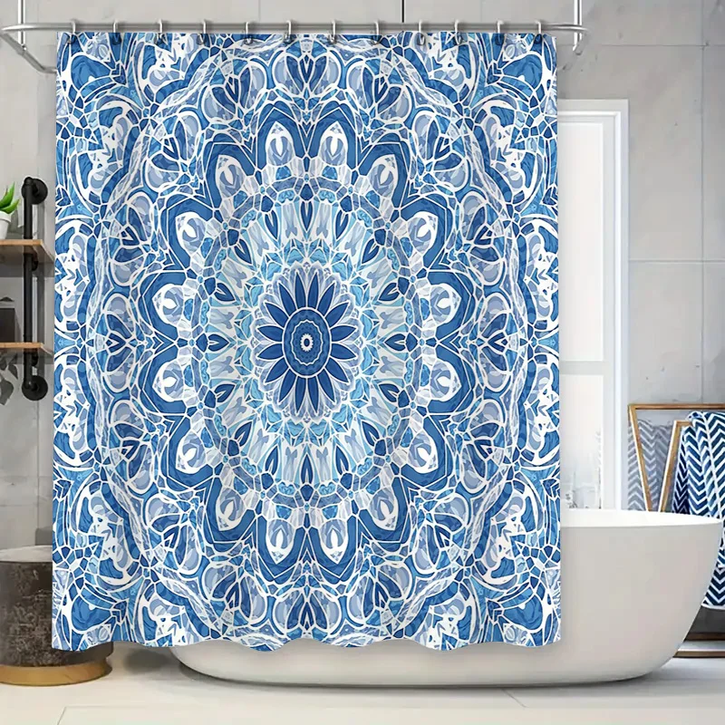 

Blue Moroccan Pattern Shower Curtain Waterproof Vintage Teal Geometric Backdrop Bathroom Decor Washable Liner