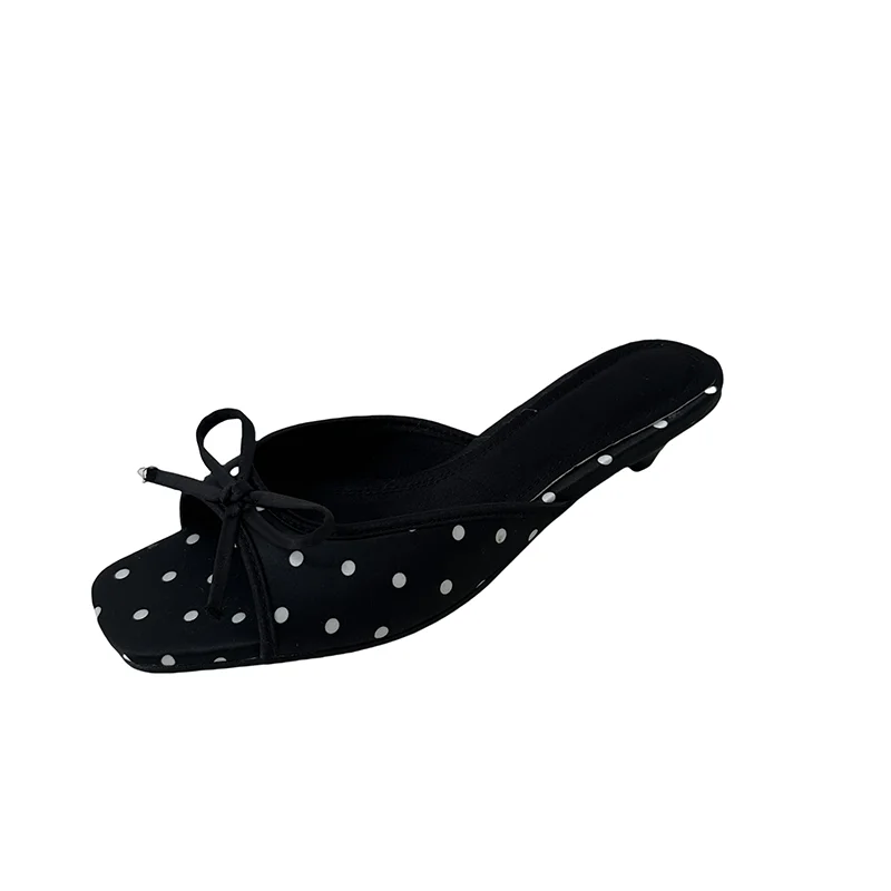 

Green Slippers 3cm Low Heel Shoes For Woman Black And White Dot Summer Sandals Leisure Ladies Slippers Plus Size 43