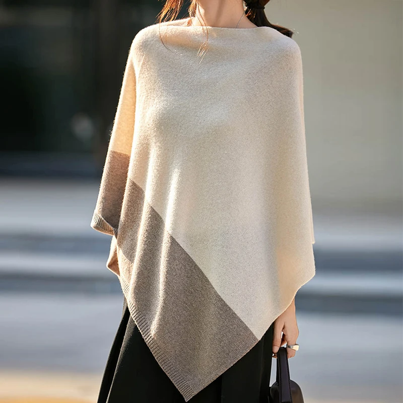 Women Asymmetric Poncho Contrast Colored Knitted Cape Top Female Soft Knitwear Spring Autumn Elegant Outfit