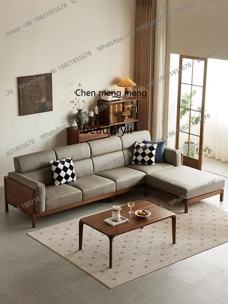 C85 North American Black Walnut Wooden Sofa Nordic Simple Home Living Room Straight Row Four-Seat Solid-Wood Leather Sofa