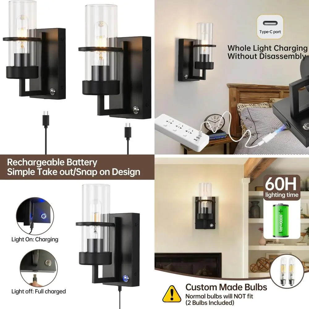 Par de apliques de pared regulables recargables con USB-C, batería de 8000 mAh para iluminación de 60 horas, pantalla de vidrio transparente en negro