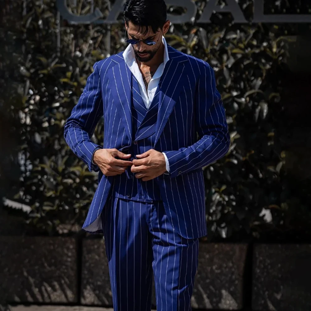 

High Quality Stripe Men's Suits Fashion Single Breasted Notch Lapel Slim Fit 3 Piece Jacket Pants Vest High Quality Wedding Sets